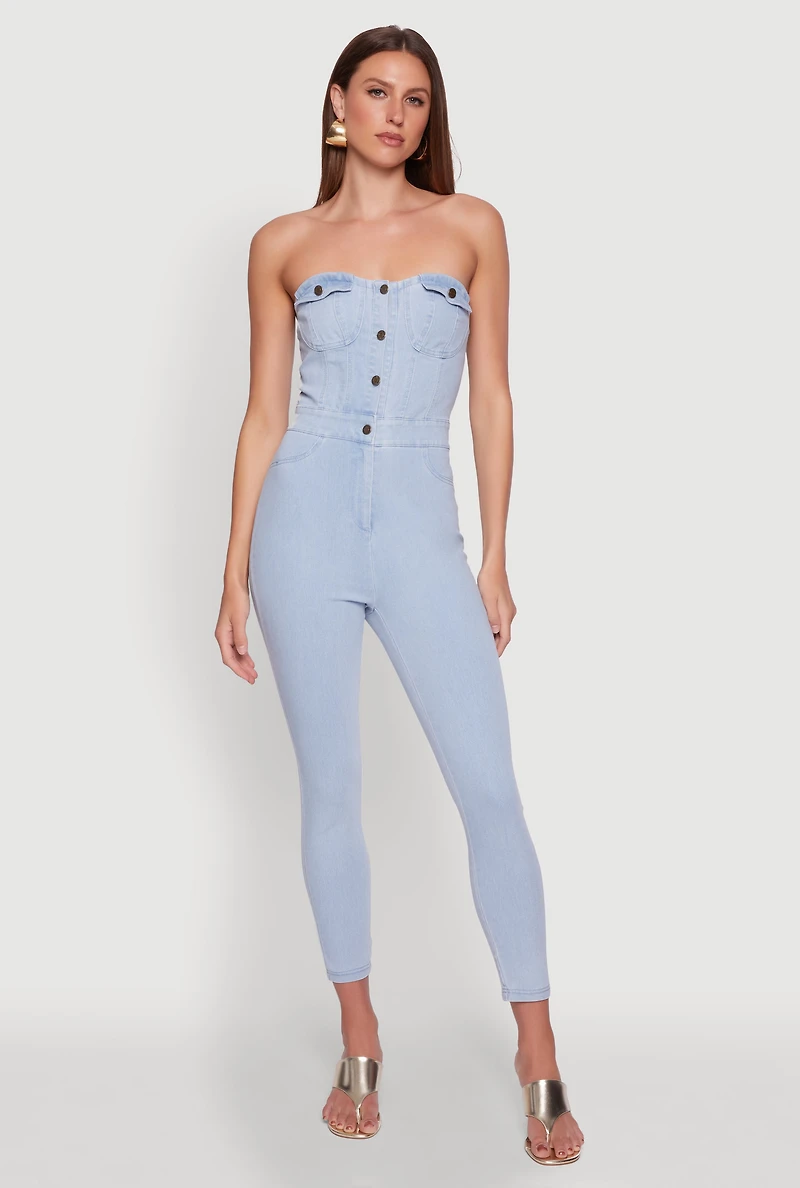 Haute Monde Denim Sweetheart Neckline Jumpsuit