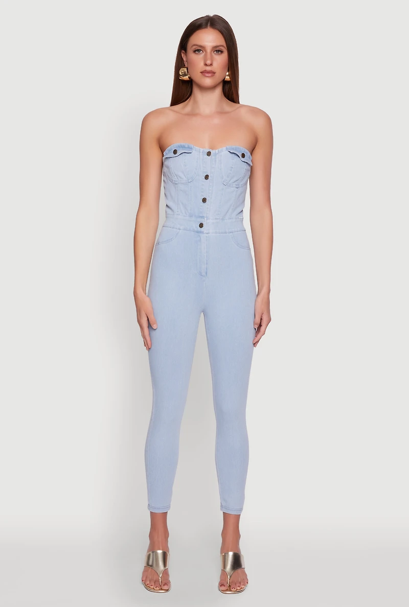 Haute Monde Denim Sweetheart Neckline Jumpsuit