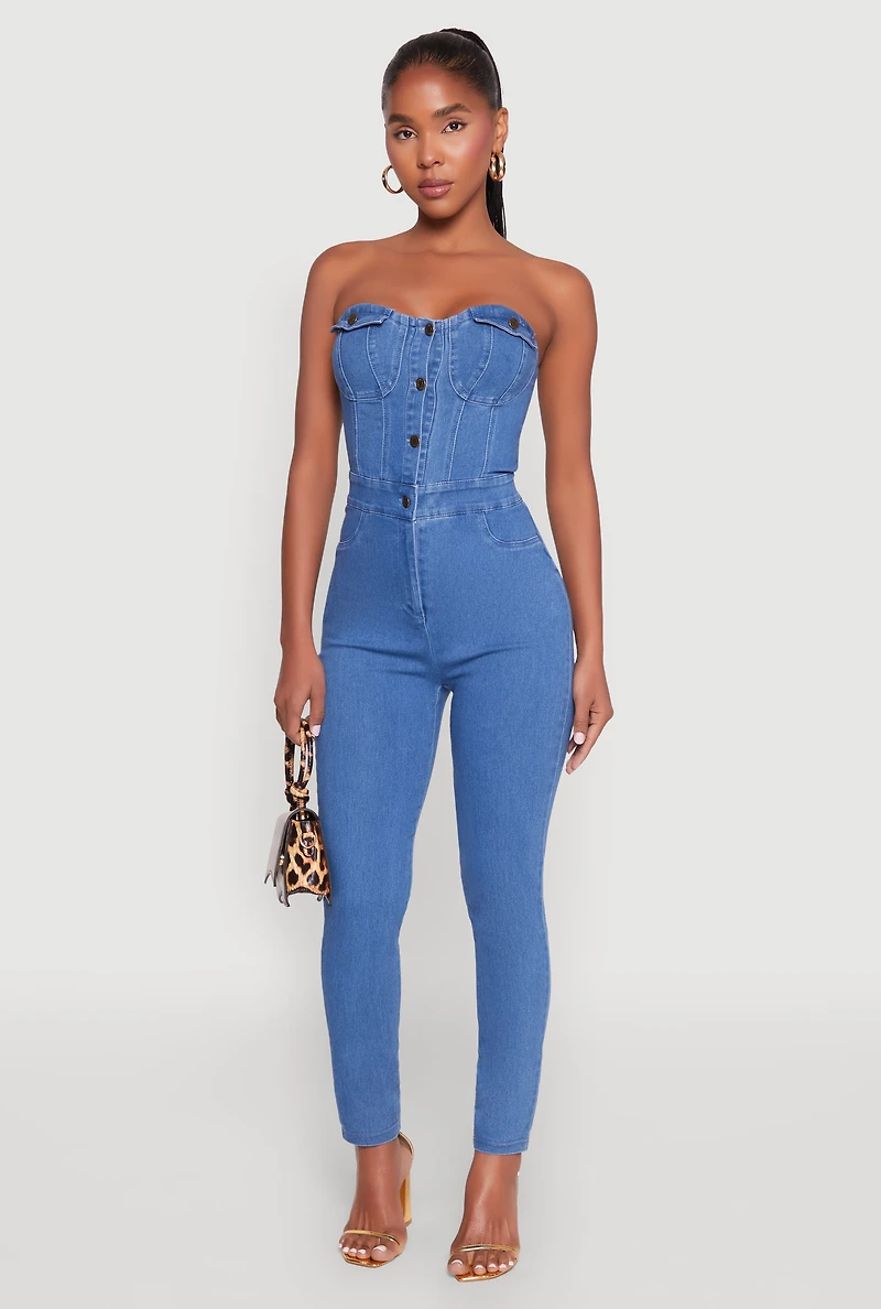 Haute Monde Denim Sweetheart Neckline Jumpsuit