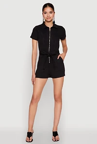 Haute Monde Zip Front Tie Waist Belted Denim Romper