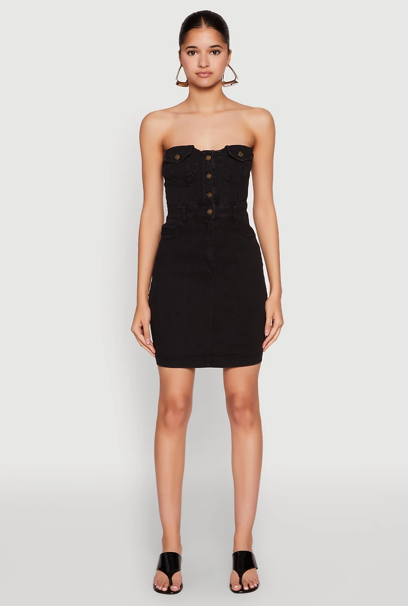 Womens Haute Monde Strapless Denim Bodycon Mini Dress, Black, Size S