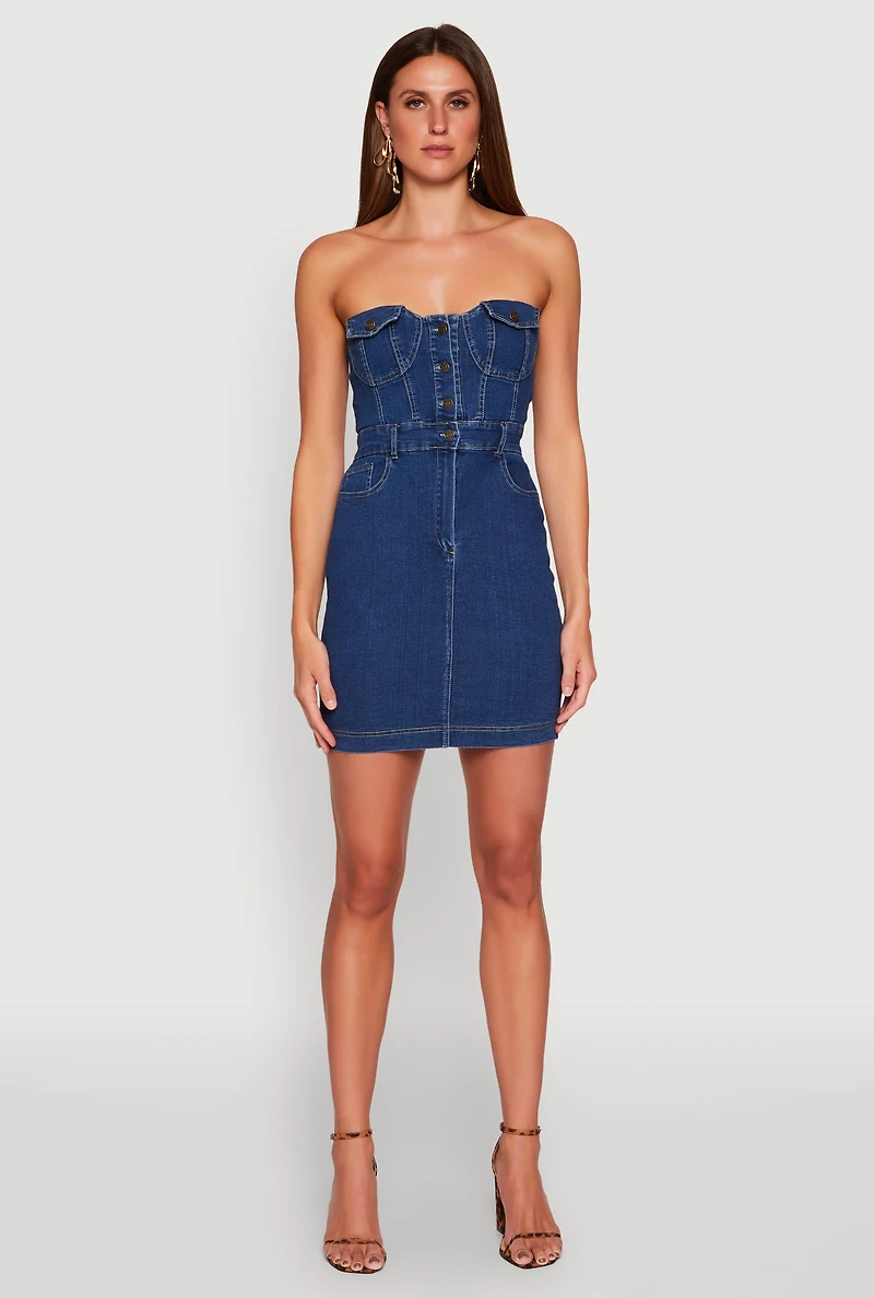 Womens Haute Monde Strapless Denim Bodycon Mini Dress, Blue, Size S