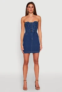Womens Haute Monde Strapless Denim Bodycon Mini Dress, Blue, Size S