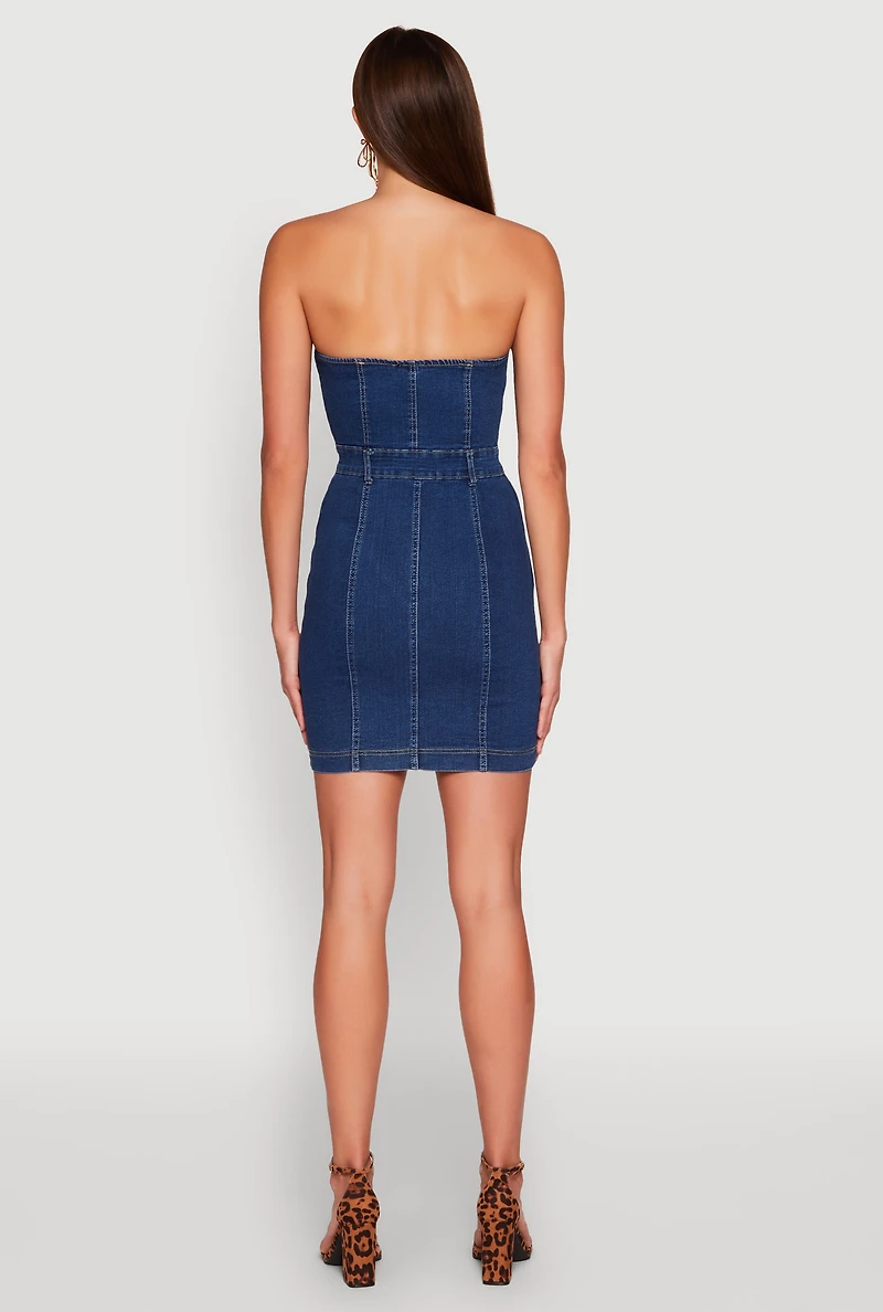 Womens Haute Monde Strapless Denim Bodycon Mini Dress, Blue, Size S