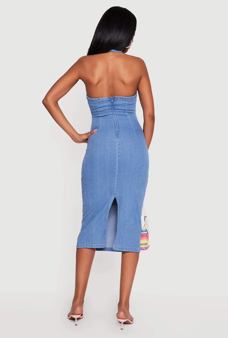 Metallic Keyhole Halter Neck Denim Dress