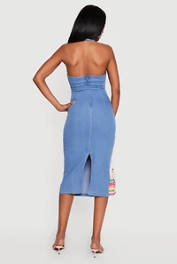 Metallic Keyhole Halter Neck Denim Dress