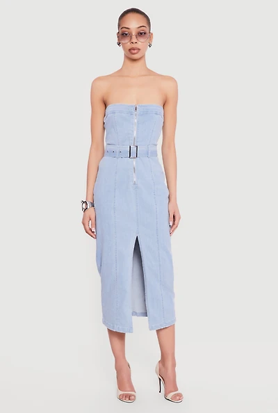 Zip Front Strapless Denim Dress with Belt