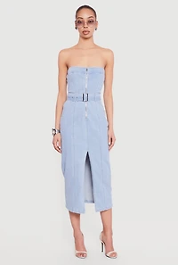 Zip Front Strapless Denim Dress with Belt