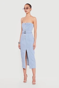 Zip Front Strapless Denim Dress with Belt