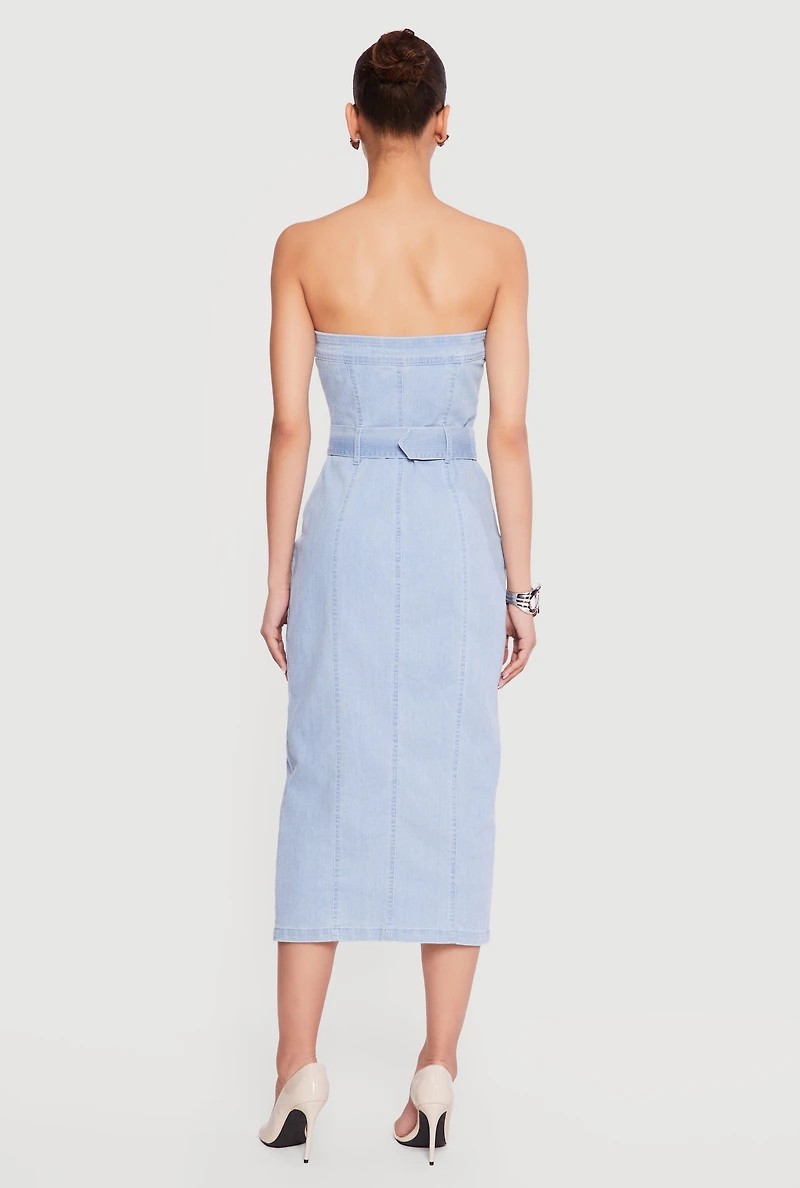 Zip Front Strapless Denim Dress with Belt