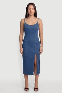 Sleeveless Zip Back Denim Dress with Side Slit