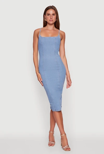 Womens Denim Pintuck Slit Back Bodycon Dress, Blue,