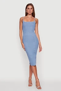 Womens Denim Pintuck Slit Back Bodycon Dress, Blue,