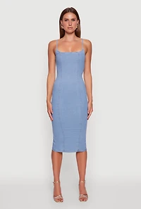 Womens Denim Pintuck Slit Back Bodycon Dress, Blue,