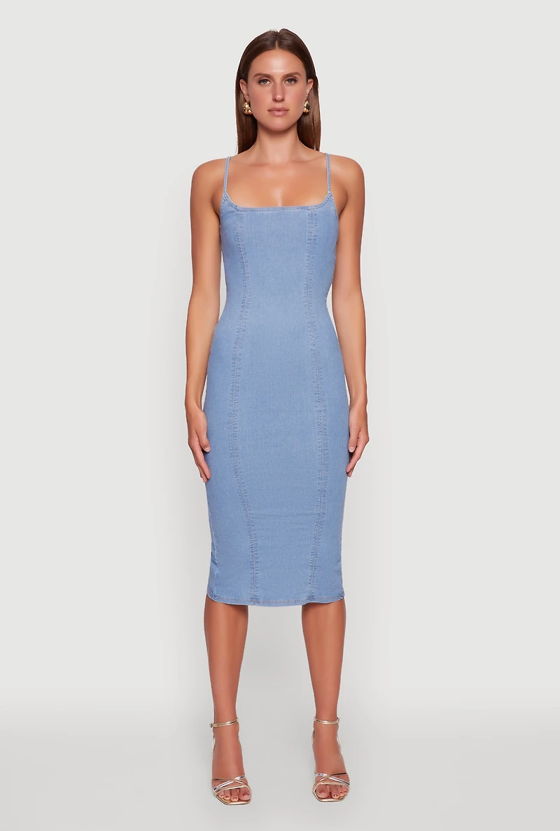 Womens Denim Pintuck Slit Back Bodycon Dress, Blue, Size S