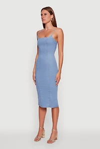 Womens Denim Pintuck Slit Back Bodycon Dress, Blue, Size S