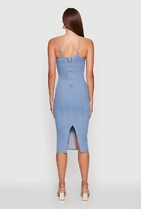 Womens Denim Pintuck Slit Back Bodycon Dress, Blue,