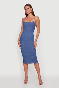 Womens Denim Pintuck Slit Back Bodycon Dress, Blue, Size M