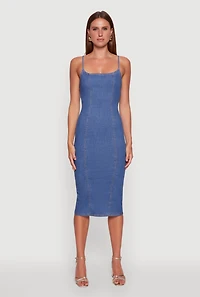 Womens Denim Pintuck Slit Back Bodycon Dress, Blue,