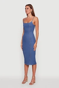 Womens Denim Pintuck Slit Back Bodycon Dress, Blue,