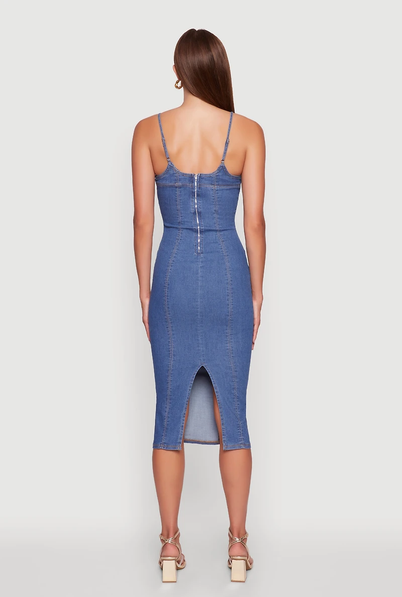 Womens Denim Pintuck Slit Back Bodycon Dress, Blue, Size M