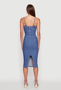Womens Denim Pintuck Slit Back Bodycon Dress, Blue, Size M