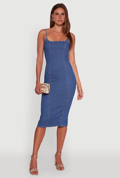 Womens Denim Pintuck Slit Back Bodycon Dress, Blue, Size L