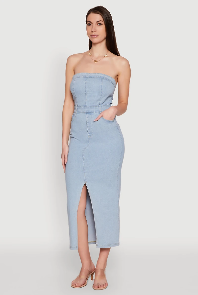 Womens Haute Monde Denim Slit Front Tube Dress, Blue, Size M