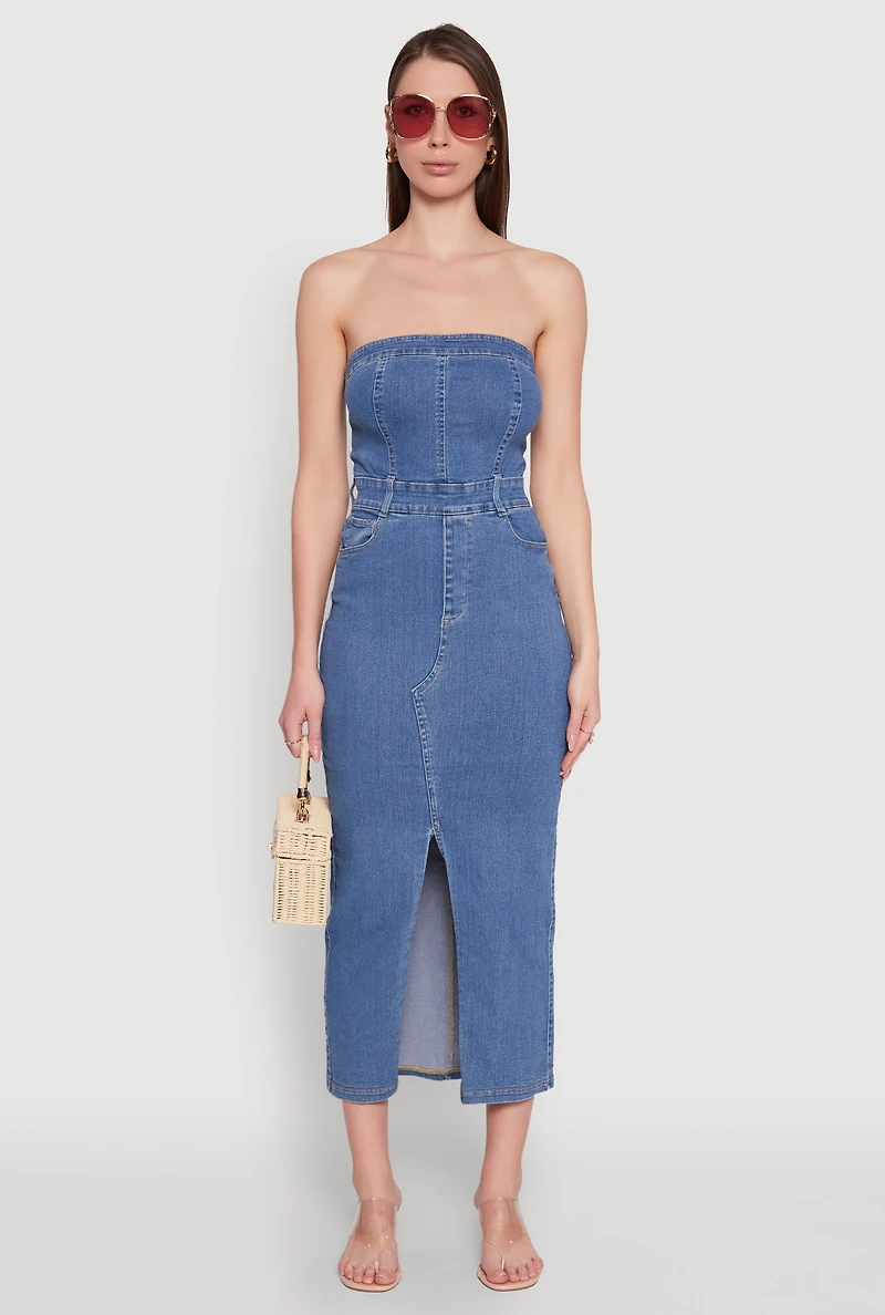 Haute Monde Denim Slit Front Tube Dress