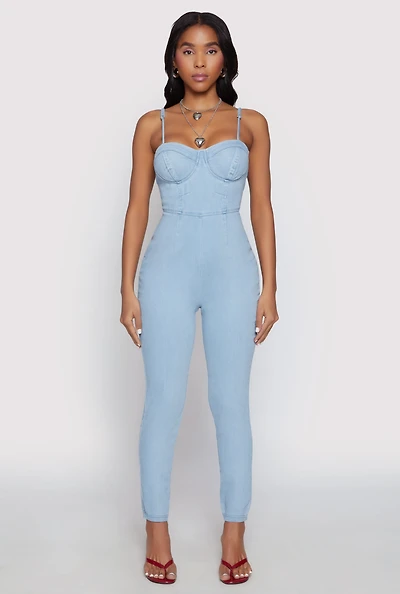 Womens Haute Monde Denim Bustier Jumpsuit, Blue, Size S