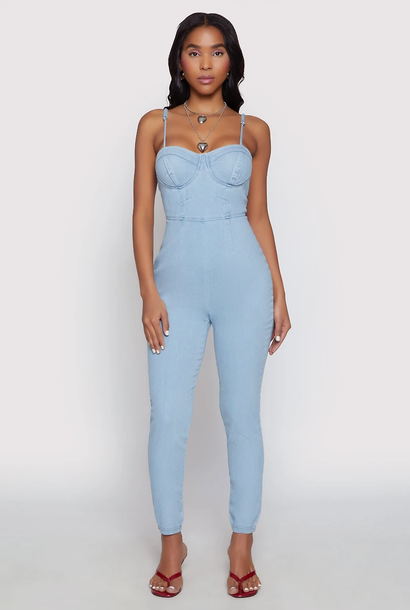 Womens Haute Monde Denim Bustier Jumpsuit, Blue, Size S