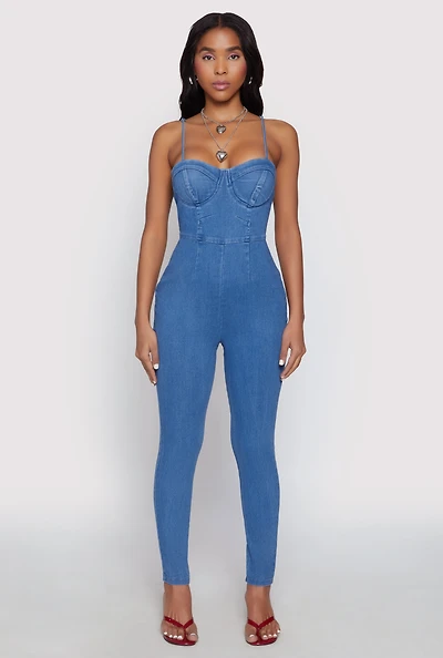 Womens Haute Monde Denim Bustier Jumpsuit, Blue, Size S