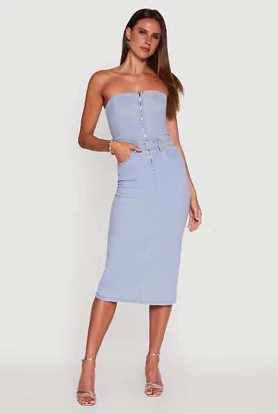 Womens Haute Monde Denim Zip Front Corset Tube Dress, Blue,