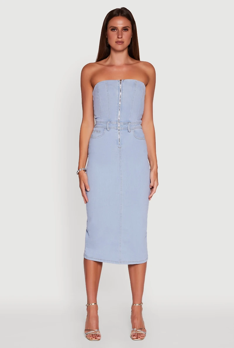 Womens Haute Monde Denim Zip Front Corset Tube Dress, Blue, Size S