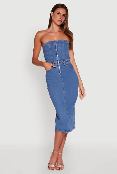 Womens Haute Monde Denim Zip Front Corset Tube Dress, Blue, Size S