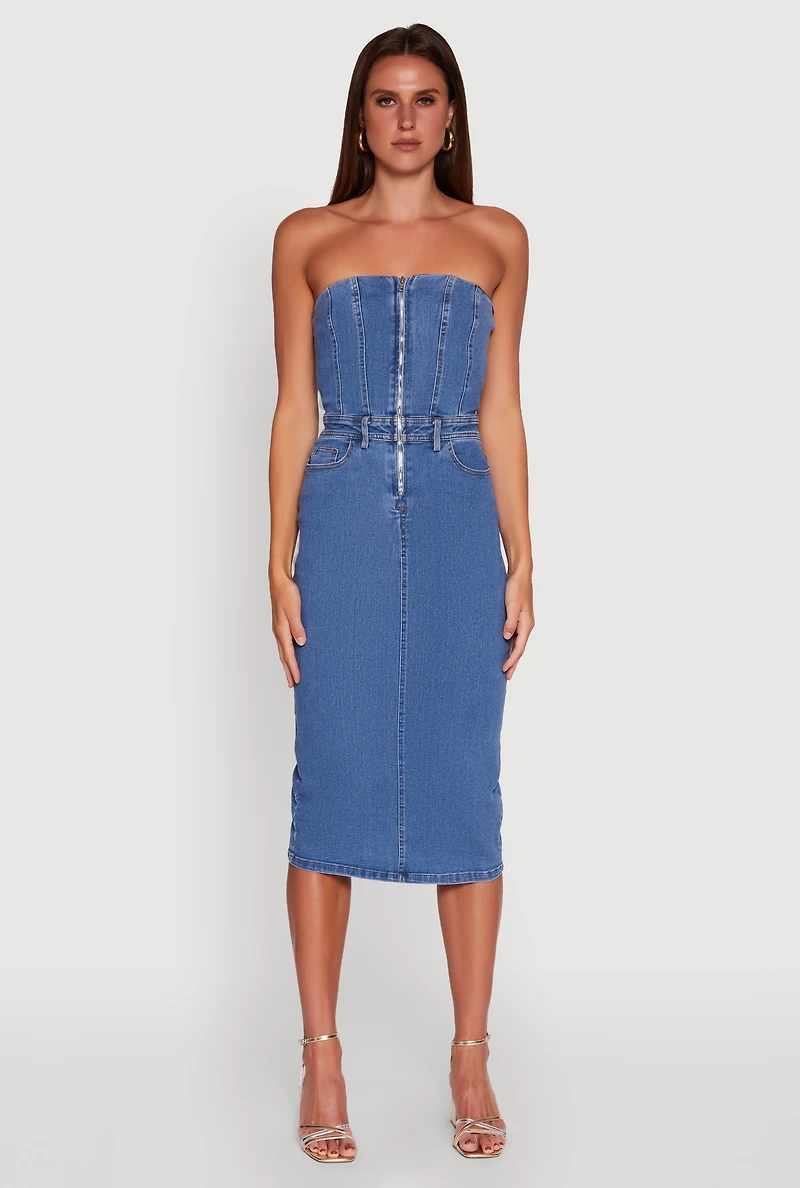 Womens Haute Monde Denim Zip Front Corset Tube Dress, Blue,