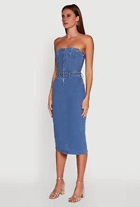 Womens Haute Monde Denim Zip Front Corset Tube Dress, Blue,
