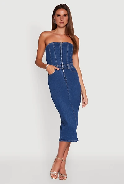 Womens Haute Monde Denim Zip Front Corset Tube Dress, Blue,