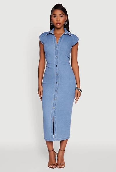 Womens Haute Monde Button Front Cap Sleeve Denim Dress, Blue, Size S