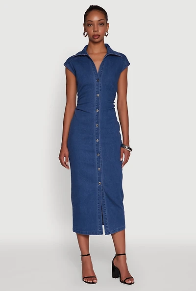 Womens Haute Monde Button Front Cap Sleeve Denim Dress, Blue, Size S