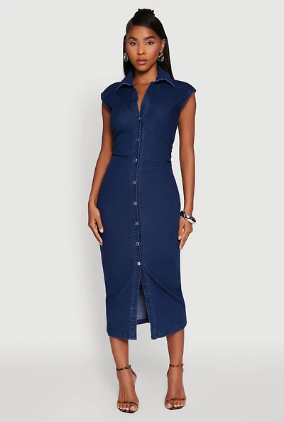 Womens Haute Monde Button Front Cap Sleeve Denim Maxi Dress, Blue, Size S