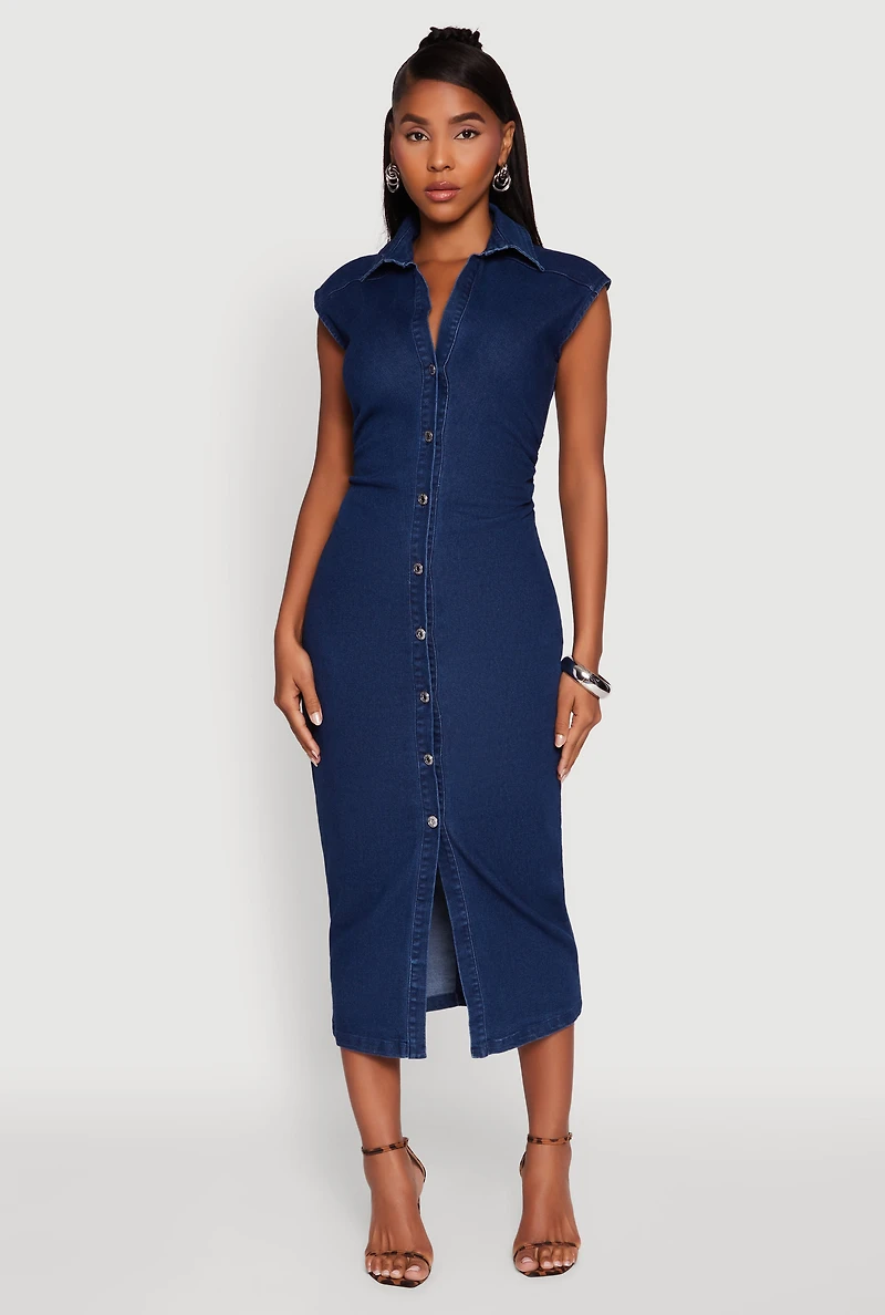 Haute Monde Button Front Cap Sleeve Denim Dress