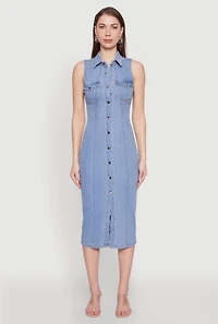 Womens Haute Monde Denim Sleeveless Shirt Collar Dress, Blue, Size S