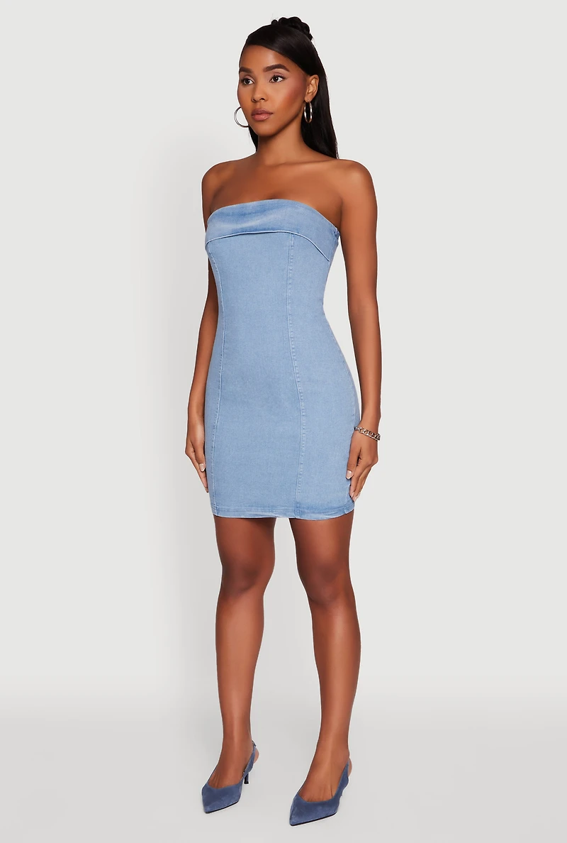 Haute Monde Denim Fold Over Zip Back Tube Dress