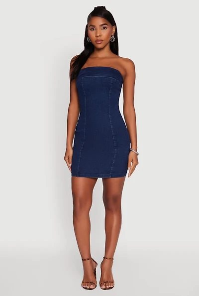 Womens Haute Monde Denim Fold Over Zip Back Tube Dress, Blue, Size M