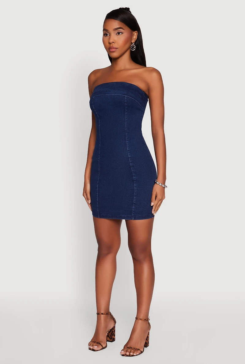 Womens Haute Monde Denim Fold Over Zip Back Tube Dress, Blue, Size M