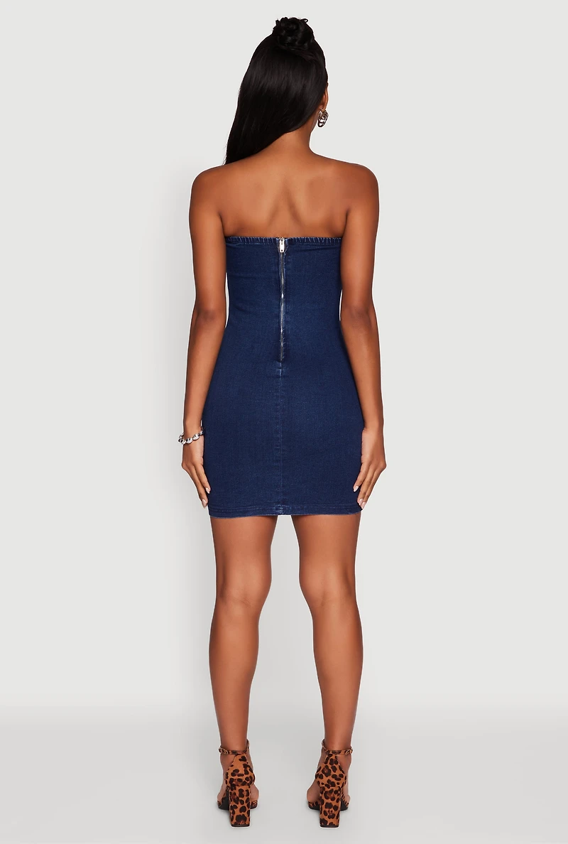 Womens Haute Monde Denim Fold Over Zip Back Tube Dress, Blue, Size M