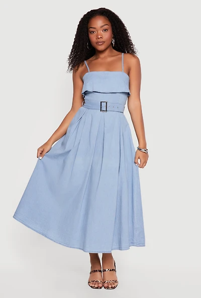 Chambray Sleeveless Maxi Dress with Buckle Belt