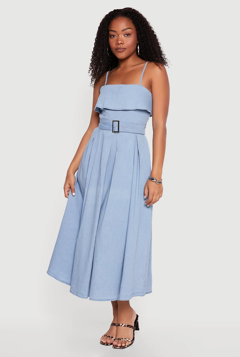 Chambray Sleeveless Maxi Dress with Buckle Belt