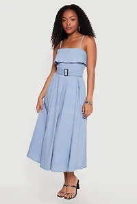 Chambray Sleeveless Maxi Dress with Buckle Belt